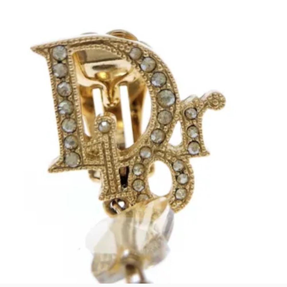 Dior Logo Gold Rhinestone Earrings - Picture 9 of 10
